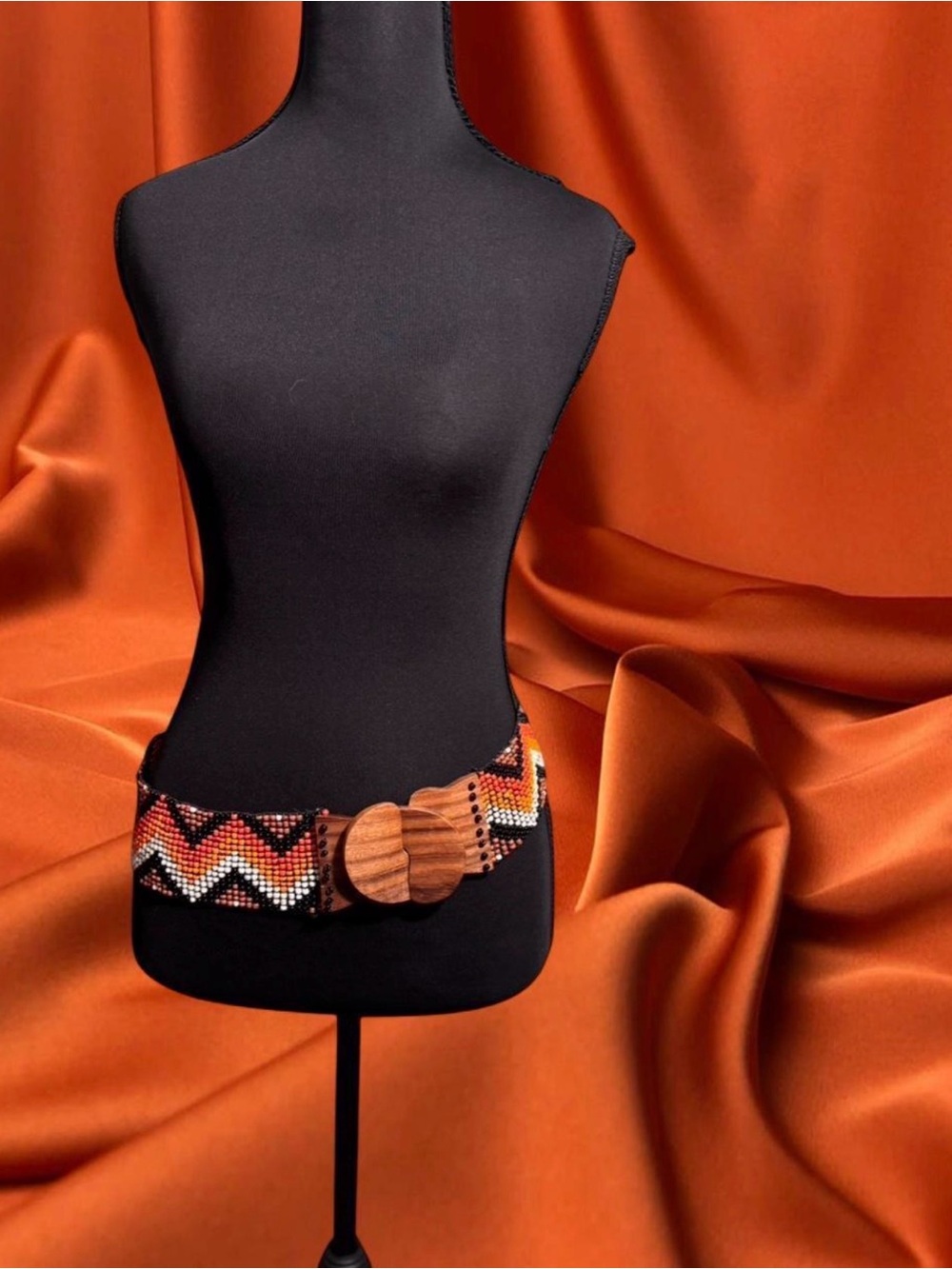 Beaded Chevron Waist Belt with Wooden Buckle - Black, Orange, White